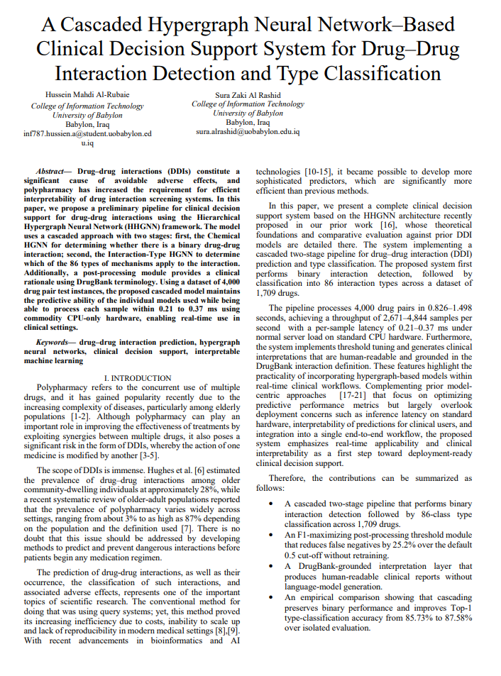 First page of A Cascaded Hypergraph Neural Network–Based Clinical Decision Support System for Drug–Drug Interaction Detection and Type Classification