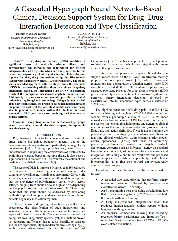 First page of A Cascaded Hypergraph Neural Network–Based Clinical Decision Support System for Drug–Drug Interaction Detection and Type Classification